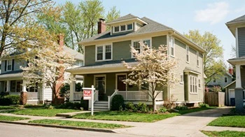 nice two-story suburban house with a for sale sign up front