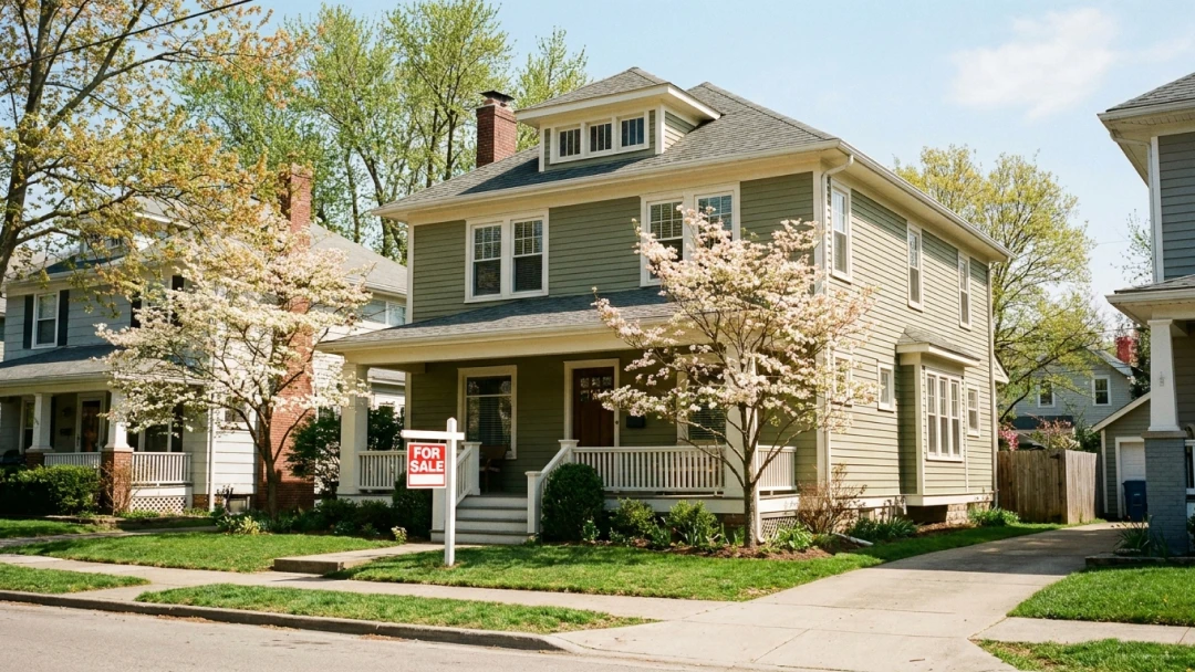 nice two-story suburban house with a for sale sign up front