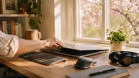 person closing the screen of a laptop on a home office desk